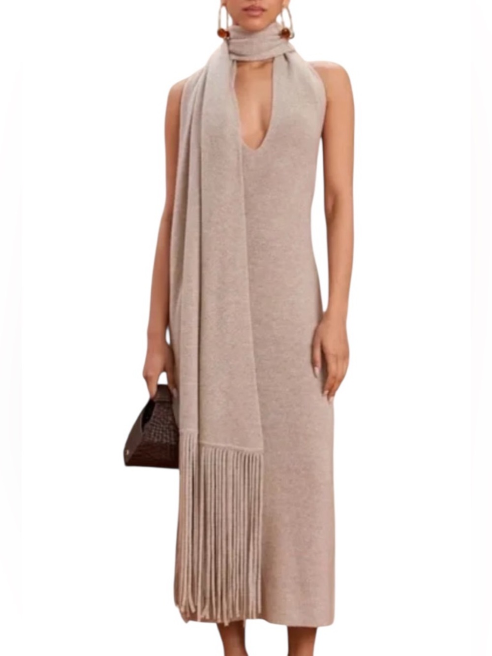 cult gaia Beige Sleeveless V-Neck halter Maxi Dress with Fringe Scarf
